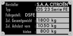 Typenschild Citroen DS 23 Serie FE 9,0x4,5cm